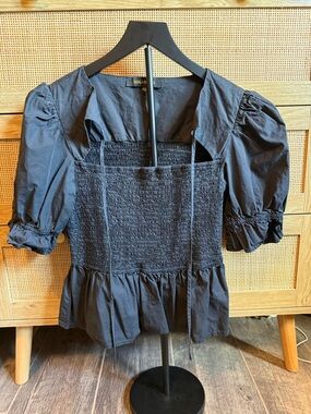 Sugar Black Smocked Peplum Puff Sleeve Blouse